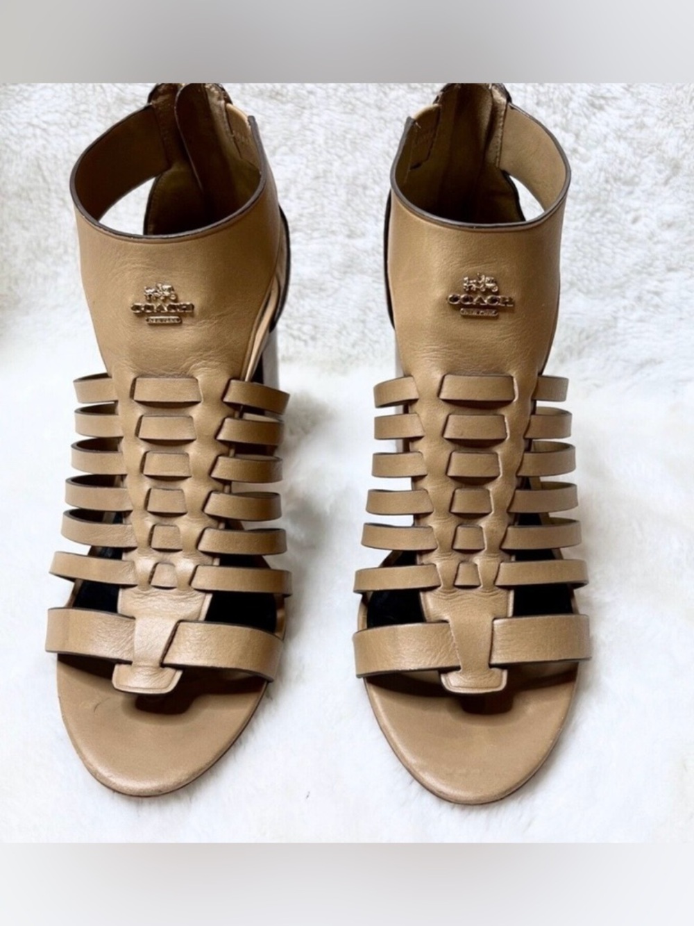 Coach Leandra Tan Leather Gladiator Sandals Block Heel Resort Boho Size 8.5 - Picture 2 of 6